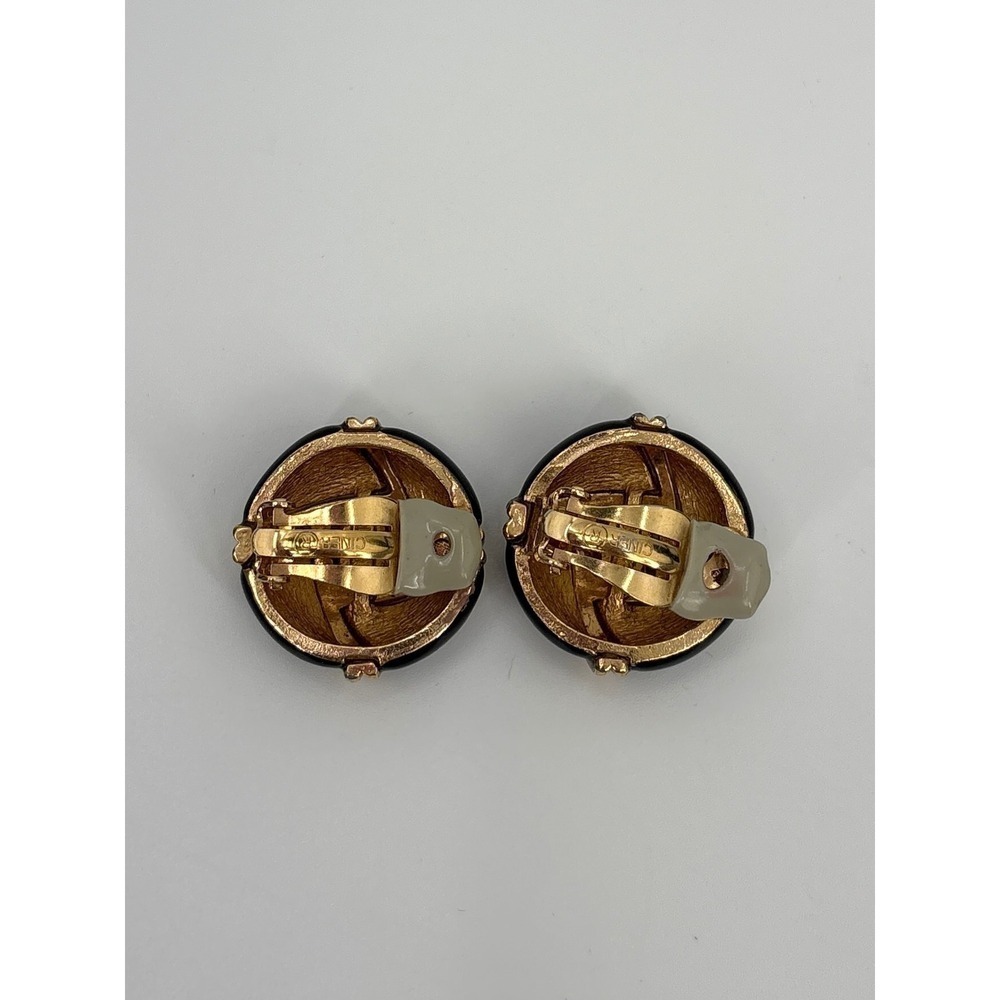 B46 Ciner Vintage Signed Black & Gold Clip On Earrings Rhinestone Knot Enamel - Picture 3 of 6